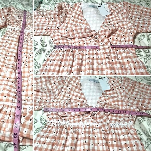 Greylin Dorothy Eyelet Daisy Tie Front Gingham Dress Tiered Peach White S NWT - Picture 13 of 13